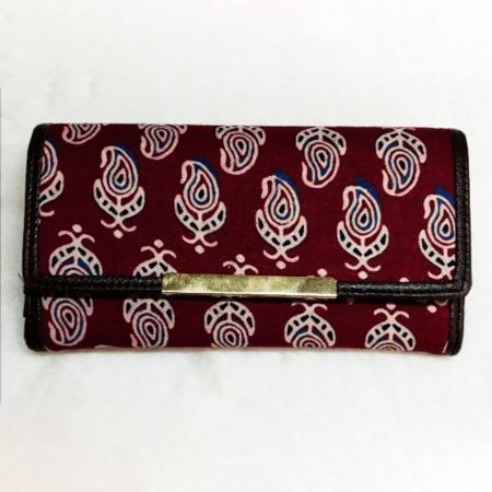 3 Fold Handblock Printed Cotton Wallet with Leatherette (Cherry)