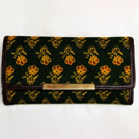 3 Fold Handblock Printed Cotton Wallet with Leatherette (Green)